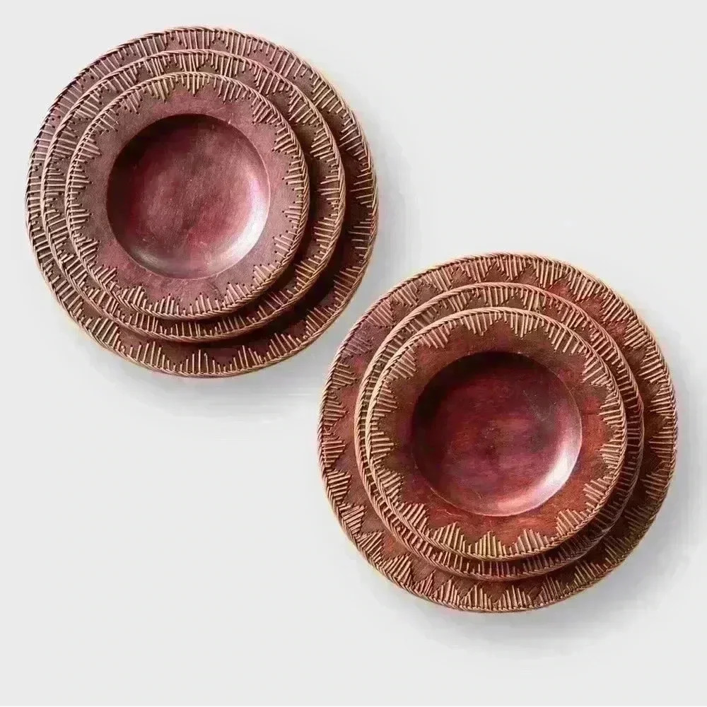 Set of 6 Indonesian wooden dishes with rattan sunburst detail